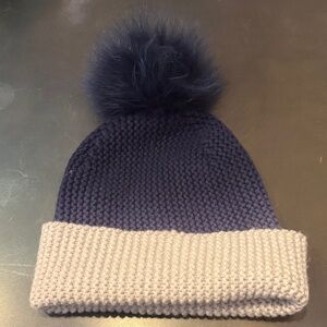 Autumn Cashmere Navy and off white Ombré Fox Pom-Pom Beanie NWOT